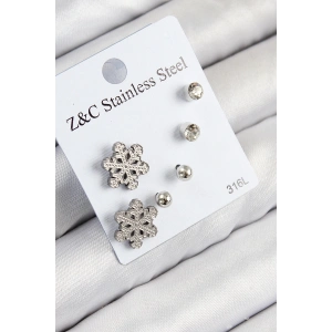 316L Çelik Zirkon Taşlı Kar Tanesi Model Gümüş Renk Kadın Set Küpe