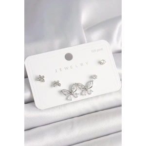925 Ayar Gümüş Çivi Pirinç Gümüş Renk Zirkon Taşlı Kelebek Model Kadın Küpe Seti