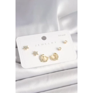 925 Ayar Gümüş Çivi Zirkon Taşlı Hilal Yıldız Model Kadın Küpe Seti