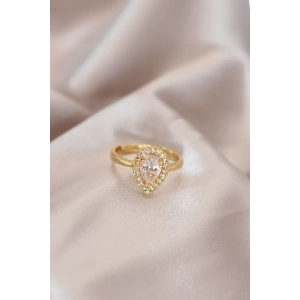 Ayarlamalı Gold Renk Metal Zirkon Taşlı Damla Model Yüzük