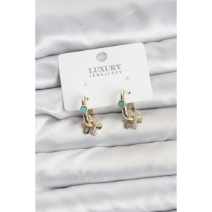 Mavi Taş Detaylı Pirinç Gold Renk Kadın Göçmen Küpesi