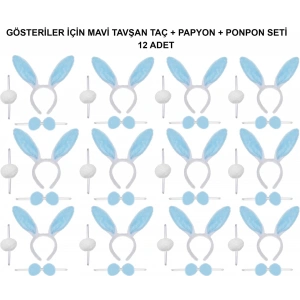 Mavi Tavşan Kostüm Seti – Taç, Papyon, Ponpon (12’li Paket)
