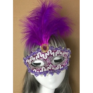 Mor Dantel İşlemeli Mor Tüylü Balo Parti Maskesi 17x20 Cm