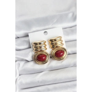 Pirinç Gold Bordo Renk Vintage Kadın Küpe