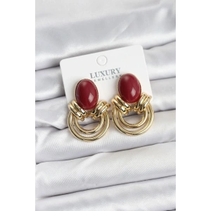 Pirinç Gold Renk Bordo Taşlı Vintage Kadın Küpe