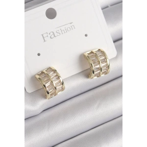 Pirinç Gold Renk Çift Sıra Zirkon Taşlı Kadın Küpe
