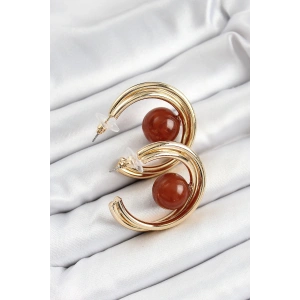 Pirinç Gold Renk Halka Model Kahverengi Boncuk Detay Kadın Küpe