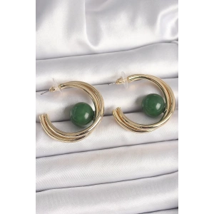 Pirinç Gold Renk Halka Model Yeşil Boncuk Detay Kadın Küpe