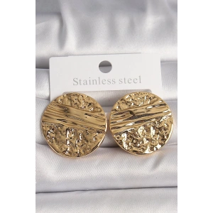 Pirinç Gold Renk İşlemeli Daire Plaka Model Kadın Küpe