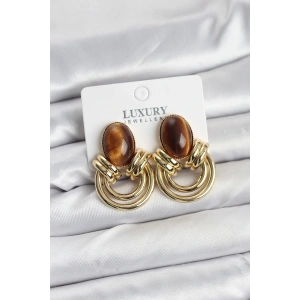 Pirinç Gold Renk Kahverengi Taşlı Vintage Kadın Küpe