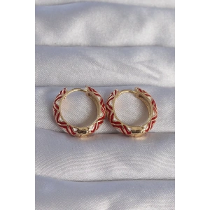 Pirinç Gold Renk Kırmızı Etnik Desenli Halka Küpe