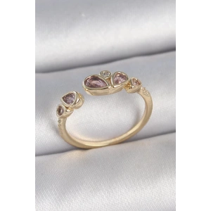 Pirinç Gold Renk Pembe Damla Zirkon Taşlı Ayarlanabilir Kadın Yüzük