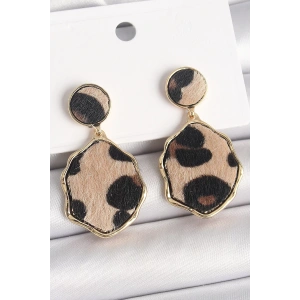 Pirinç Gold Renk Sallantı Leopar Desen Plaka Model Kadın Küpe