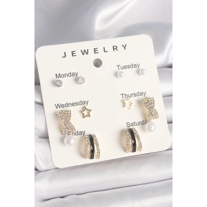 Pirinç Gold Renk Zirkon Taş Yıldız Detaylı İncili 7Li Set Kadın Küpe Seti