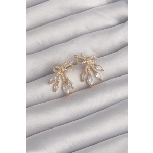 Pirinç Gold Renk Zirkon Taşlı Fiyonk Küpe