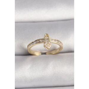 Pirinç Gold Renk Zirkon Taşlı İnci Detay Kilit Kalp Figür Ayarlanabilir Yüzük