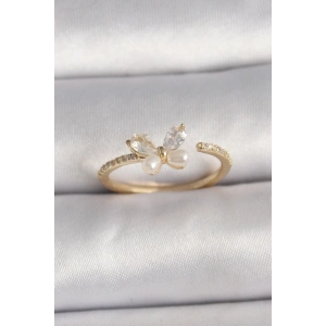 Pirinç Gold Renk Zirkon Taşlı Kelebek Mode İnci Detay Ayarlanabilir Yüzük
