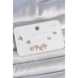 Pirinç Gold Renk Zirkon Taşlı Kelebek Model İnci Detay 925 Ayar Gümüş Çivi Kadın Küpe Seti