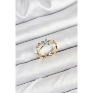 Pirinç Gold Renk Zirkon Taşlı Mavi Çiçekli Kadın Yüzük