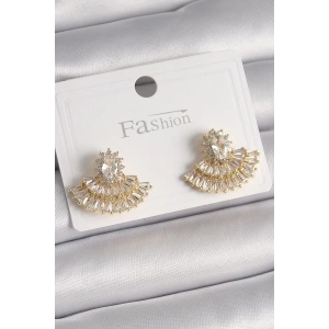 Pirinç Gold Renk Zirkon Taşlı Yelpaze Model Kadın Küpe