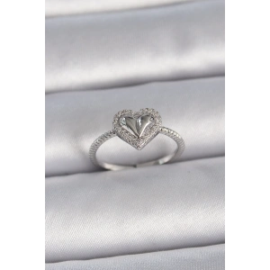 Pirinç Gümüş Renk Ayarlanabilir Zirkon Taşlı Kalp Model Kadın Yüzük