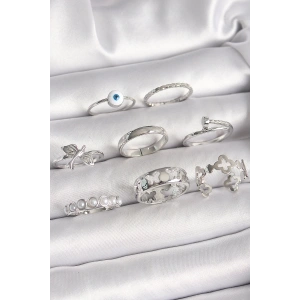 Pirinç Gümüş Renk Nazar Boncuk Detay İncili Kelebek İşlemeli Kadın Yüzük Kombini