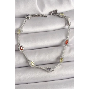 Pirinç Gümüş Renk Renkli Zirkon Taşlı Damla Taş Model Kadın Bileklik