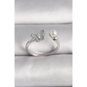 Pirinç Gümüş Renk Zirkon Taş Detaylı Beyaz Mineli Kelebek Figür İnci Detay Ayarlanabilir Yüzük