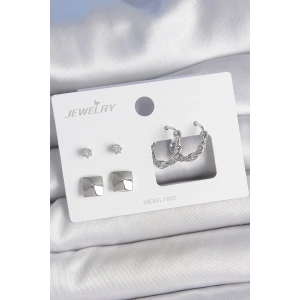 Pirinç Gümüş Renk Zirkon Taşlı Burgu Halka Model Kare Detay 3 Çift Kadın Küpe Seti