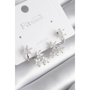 Pirinç Gümüş Renk Zirkon Taşlı Çiçek Tasarım Kadın Küpe