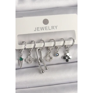 Pirinç Gümüş Renk Zirkon Taşlı Çoklu Figür Kadın Küpe Seti