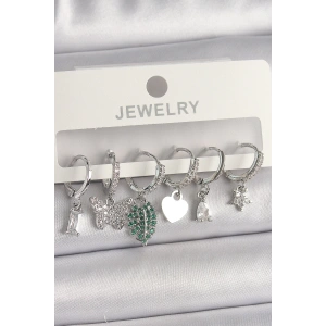 Pirinç Gümüş Renk Zirkon Taşlı Çoklu Figür Kadın Küpe Seti