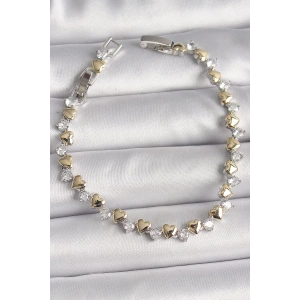 Pirinç Gümüş Renk Zirkon Taşlı Gold Kalpli VIP Seri Kadın Bileklik