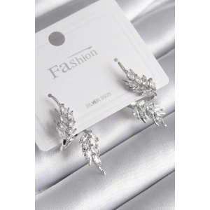 Pirinç Gümüş Renk Zirkon Taşlı Yaprak Model Kadın Küpe