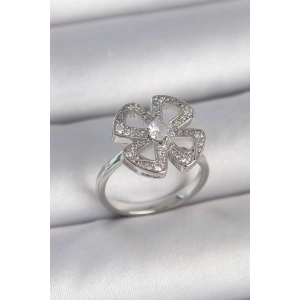 Pirinç Gümüş Renk Zirkon Taşlı Yonca Model Ayarlanabilir Kadın Yüzük