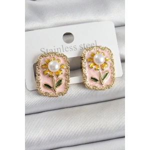 Pirinç Pembe Mineli Papatya Figürlü Sanatsal Portre Model Gold Renk Kadın Küpe