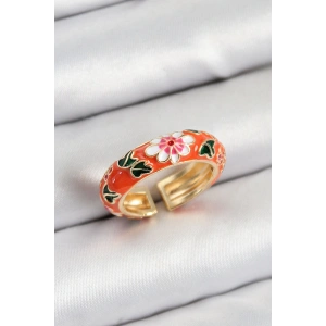 Pirinç Turuncu Mineli Çiçek Motifli Gold Renk Ayarlanabilir Kadın Yüzük