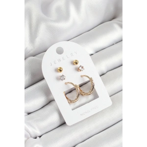 Pirinç Zirkon Taş Ve Halka Figürlü Gold Renk 3lü Çift Kadın Küpe Set