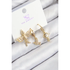 Pirinç Zirkon Taşlı 3lü Kuş Model Gold Renk Kadın Küpe