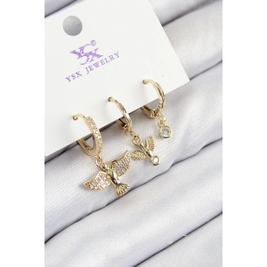 Pirinç Zirkon Taşlı 3lü Kuş Model Gold Renk Kadın Küpe
