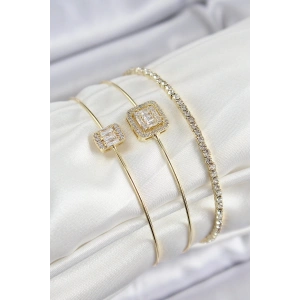 Pirinç Zirkon Taşlı Baget Model Gold Renk Vip 3lü Kadın Bileklik