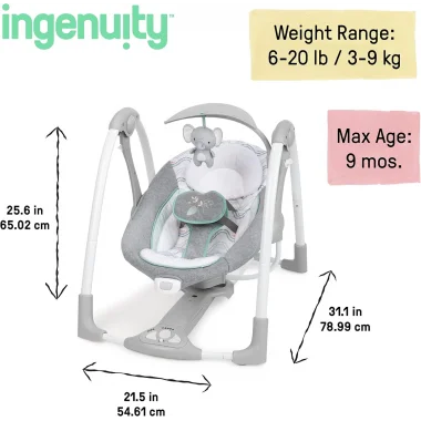 Ingenuity ConvertMe 2si 1 Arada Kompakt Taşınabilir Otomatik Bebek Salıncağı ve Bebek Koltuğu, Pil Tasarrufu Sağlayan Titreşimler, Doğa Sesleri, 0-9 Ay 3-9 kg (Swell)