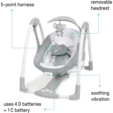 Ingenuity ConvertMe 2si 1 Arada Kompakt Taşınabilir Otomatik Bebek Salıncağı ve Bebek Koltuğu, Pil Tasarrufu Sağlayan Titreşimler, Doğa Sesleri, 0-9 Ay 3-9 kg (Swell)