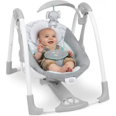 Ingenuity ConvertMe 2si 1 Arada Kompakt Taşınabilir Otomatik Bebek Salıncağı ve Bebek Koltuğu, Pil Tasarrufu Sağlayan Titreşimler, Doğa Sesleri, 0-9 Ay 3-9 kg (Swell)