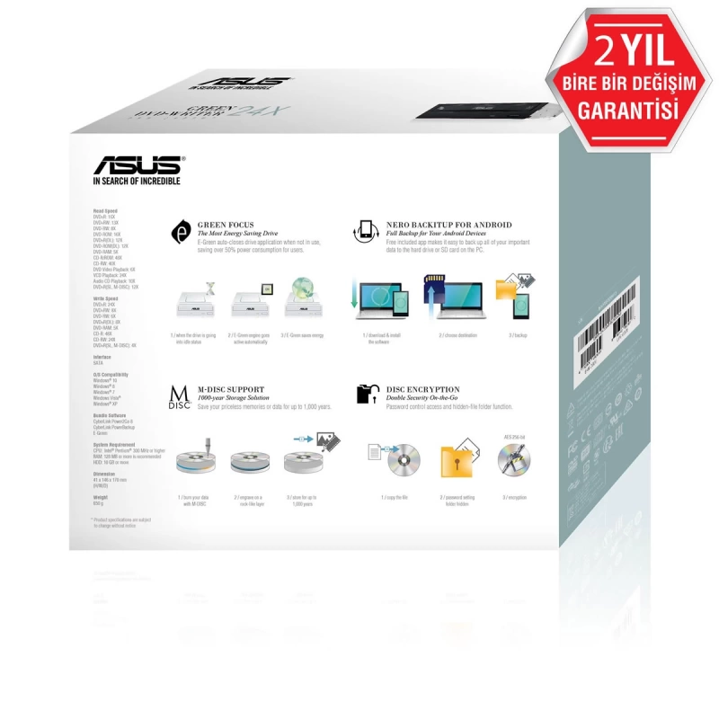 ASUS DRW-24D5MT 24X DAHİLİ DVD YAZICI  KUTULU  M-DİSC DESTEKLİ  SİYAH
