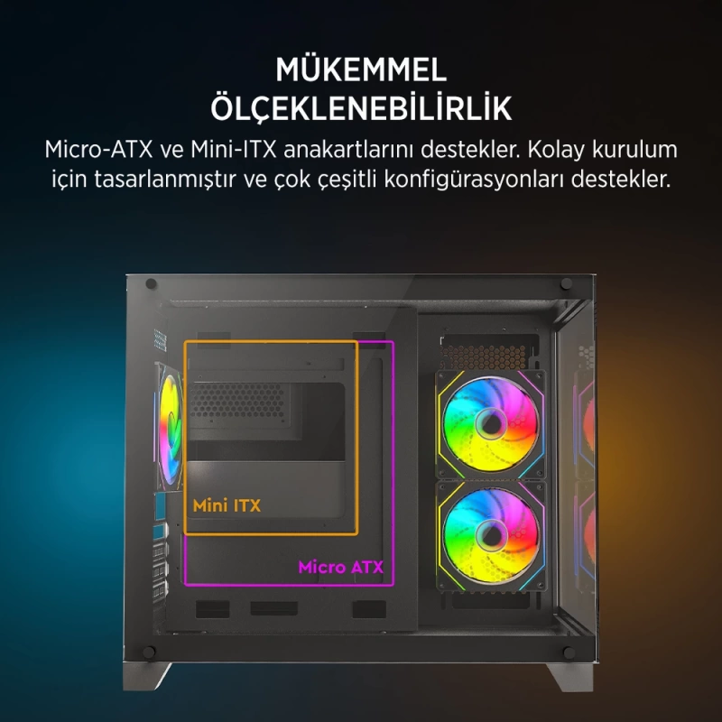James Donkey Stark S700 3xARGB Temperli Cam 750W 80+ Bronze mATX Siyah Gaming (Oyuncu) Kasa