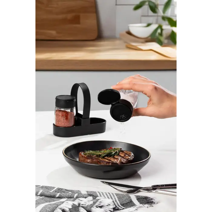 00467 Siyah Drop 2li Standlı Tuzluk ve Biberlik Seti, 100 Ml