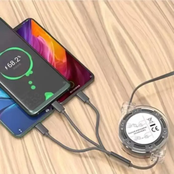 0260 Usb To Type-C Micro Usb Lightning Çoklu Şarj Kablosu Universal Makaralı 3ü 1 Arada