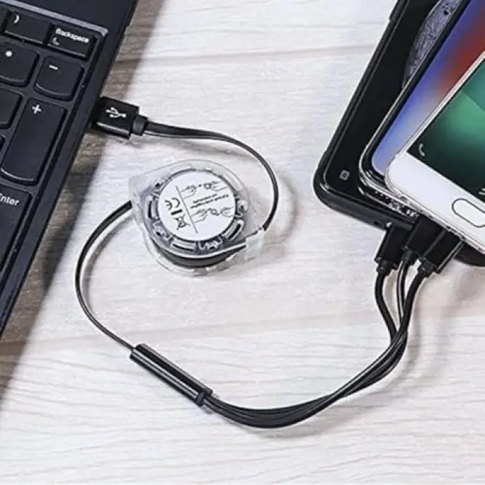 0260 Usb To Type-C Micro Usb Lightning Çoklu Şarj Kablosu Universal Makaralı 3ü 1 Arada