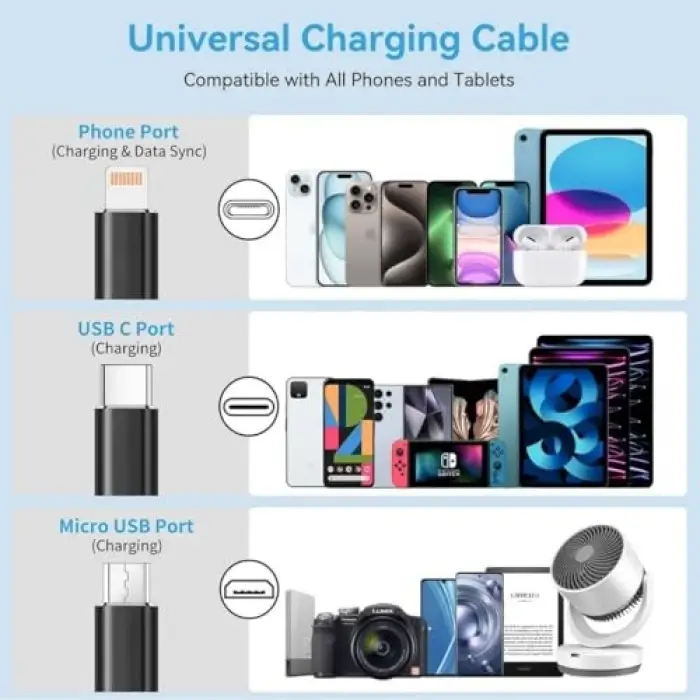 0260 Usb To Type-C Micro Usb Lightning Çoklu Şarj Kablosu Universal Makaralı 3ü 1 Arada